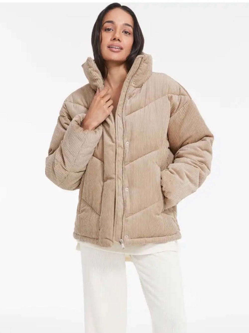 Corduroy Puffer Jacket — beige / tan